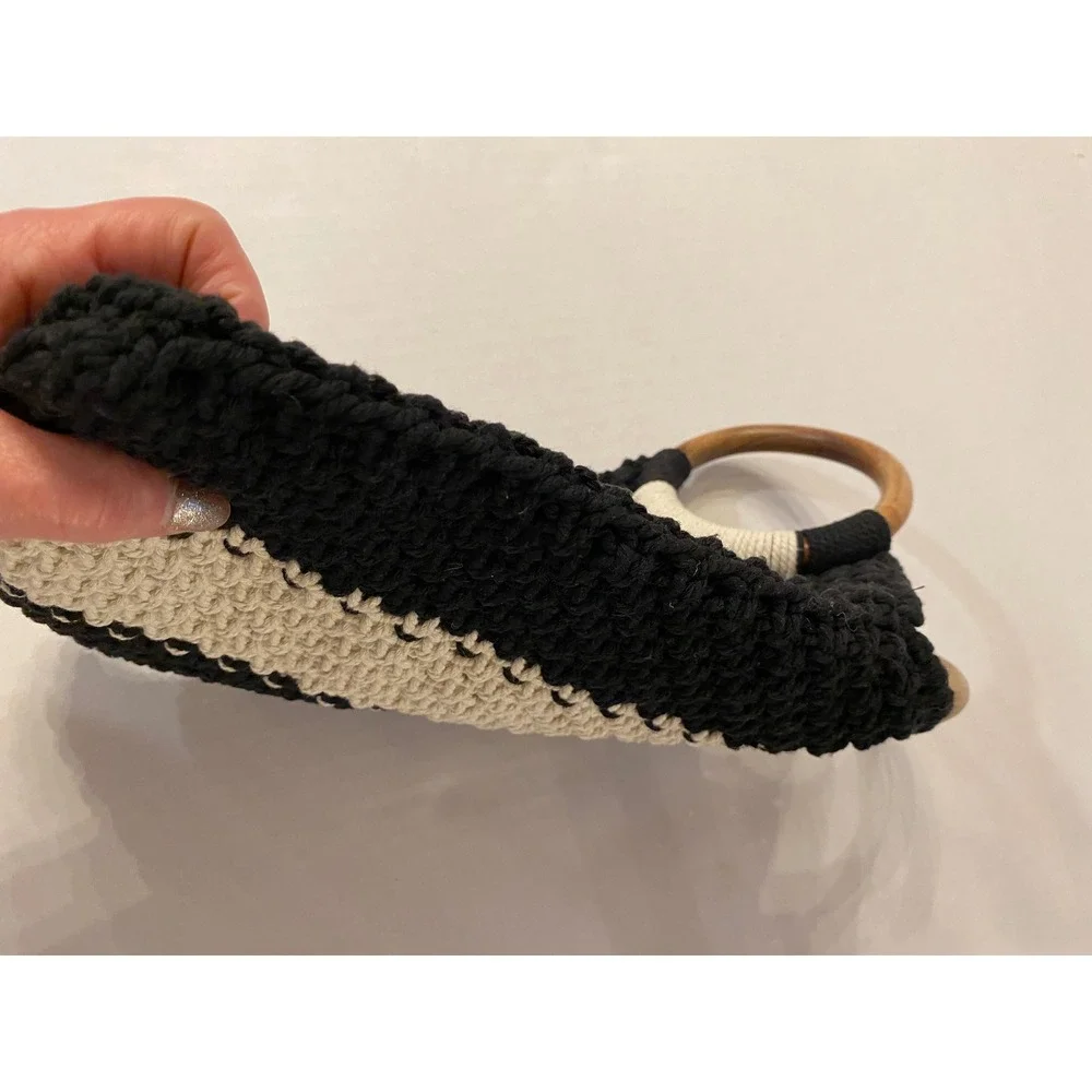 LAUDE‎ the Label Black Cream Mini Macrame Cotton Bag with Wooden Ring Handles